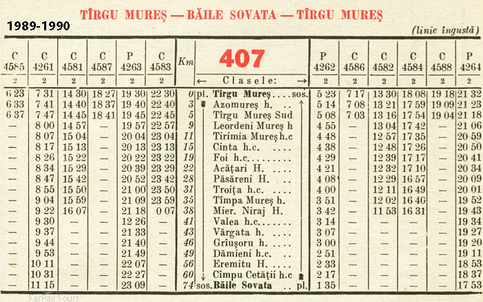 Timetable 1989/1990 Targu Mures - Baile Sovata